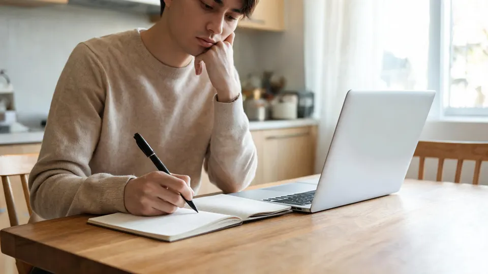 Person at kitchen table taking notes beside an open laptop while thinking through a decision