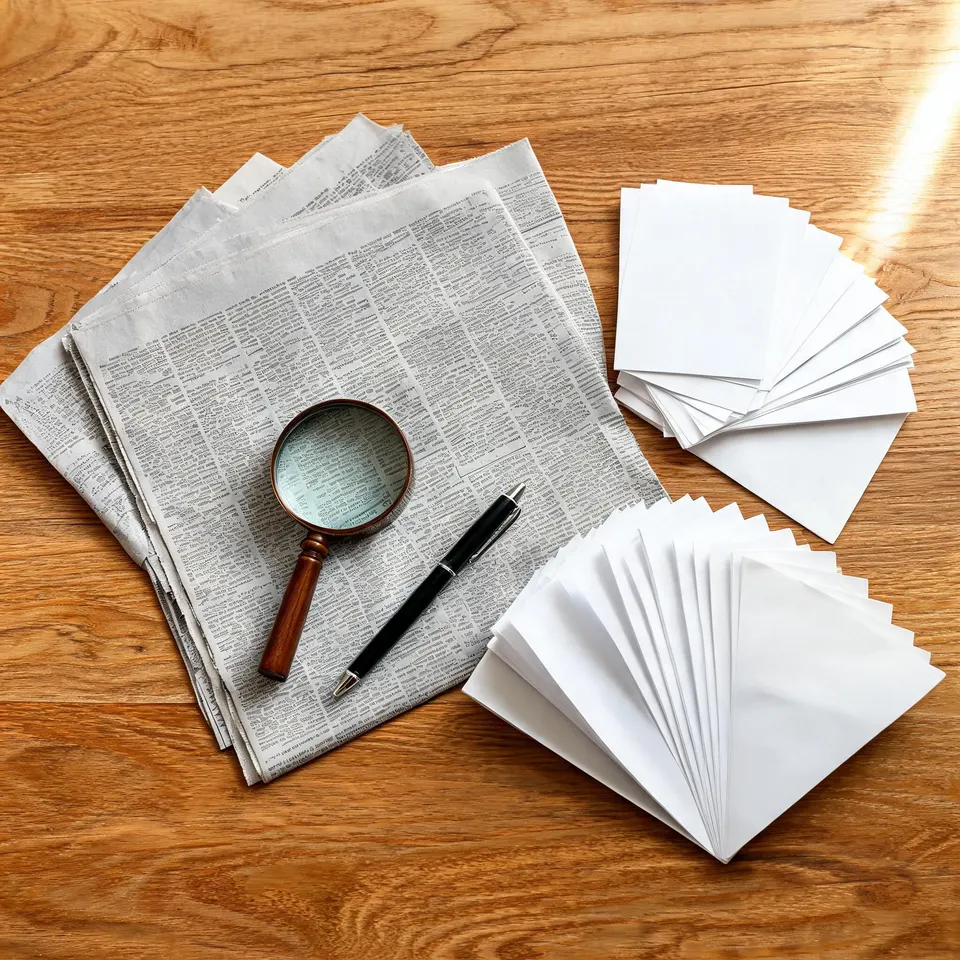 Flat-lay of newspaper pages, magazine clippings, a paper directory, magnifying glass and pen on wood