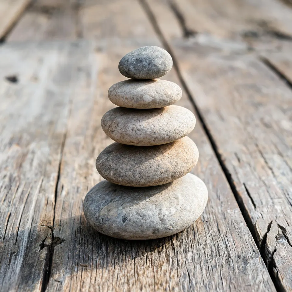 Five smooth stones balanced in a stack on a wooden surface in soft daylight