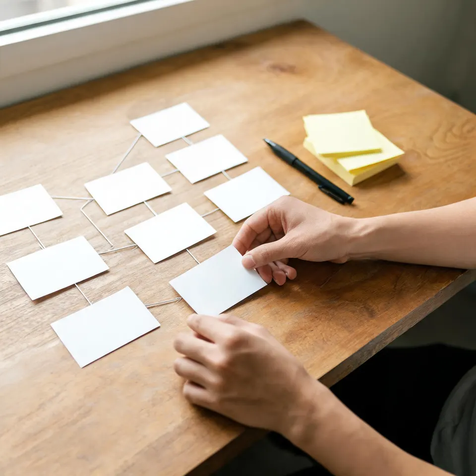 Hands organizing blank index cards into a connected flowchart with sticky notes on a wooden desk
