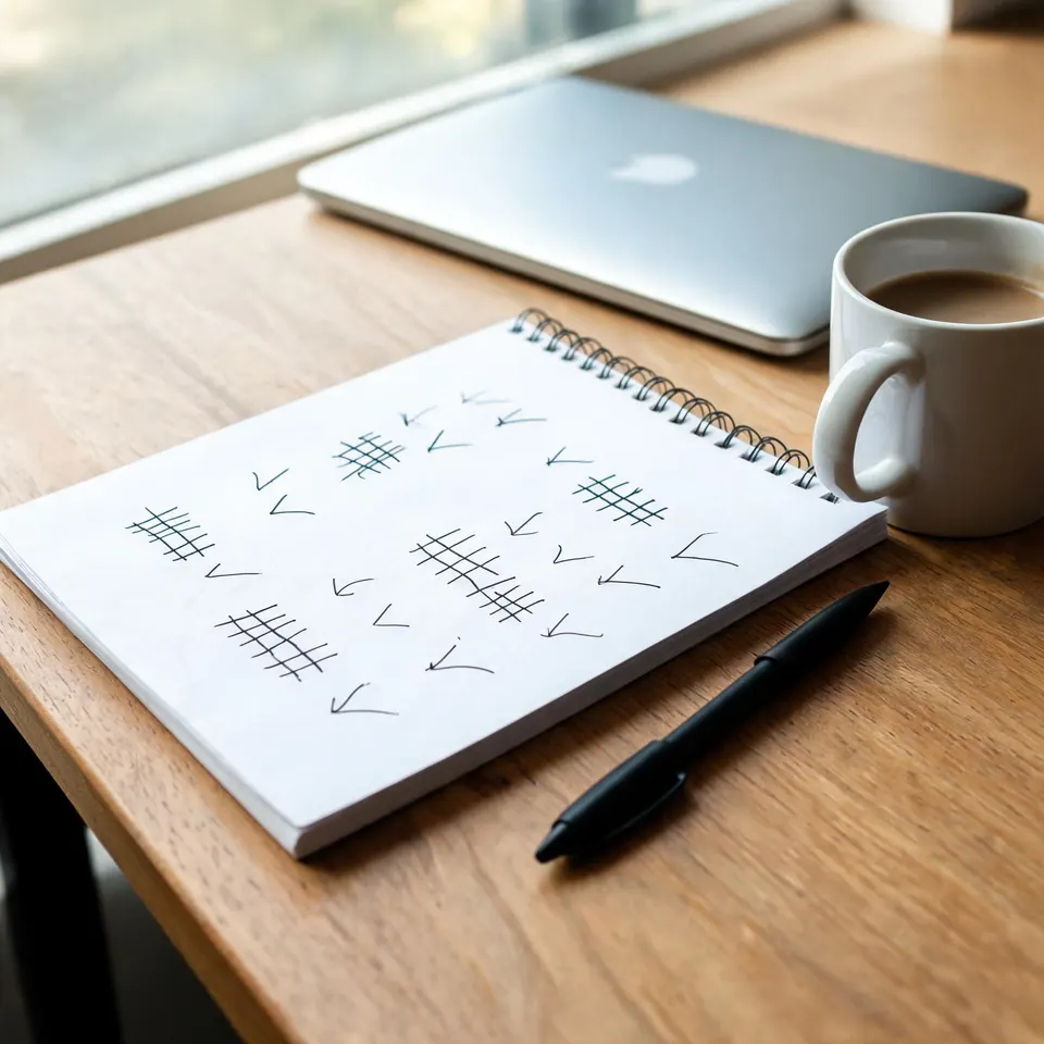 Open notebook with tally marks and checkmarks, a pen, and a coffee mug on a wooden desk.